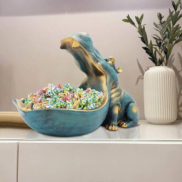 Hippo Statue Home Resin Hippopotamus Figurine Fun Candy Dish Sundries Container - Picture 8 of 12